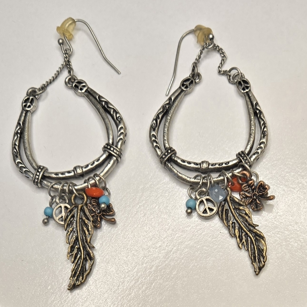 Bohemian Earrings with Charms Silvertone 3.25" Drop
